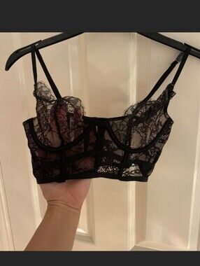 Victoria's Secret Archival Black Chantilly Lace Unlined Bustier Corset Bra
